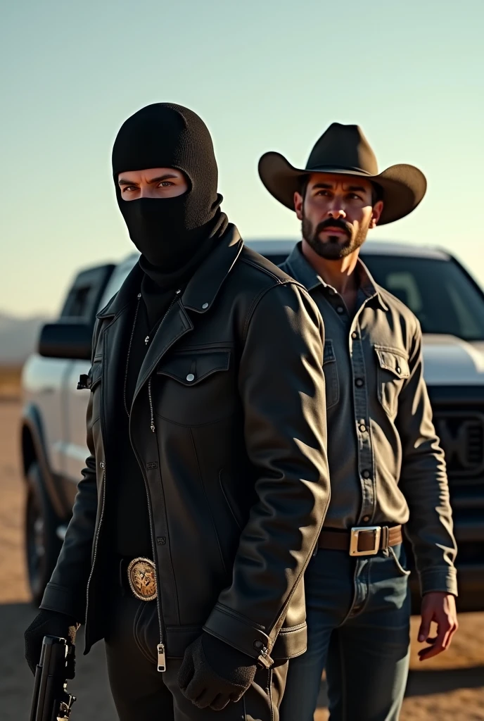One Cartel member wearing balaclava and cowboy behind him a dodge ram trx