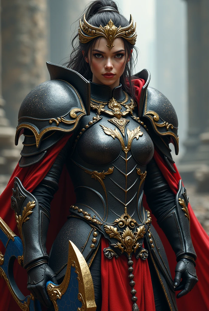 Make a female warrior with heavy armor in black colors and red details, she has her hair tied in a braid, a golden and blue battle axe, she has on her head a crown of golden leaves, and his axe is slightly larger