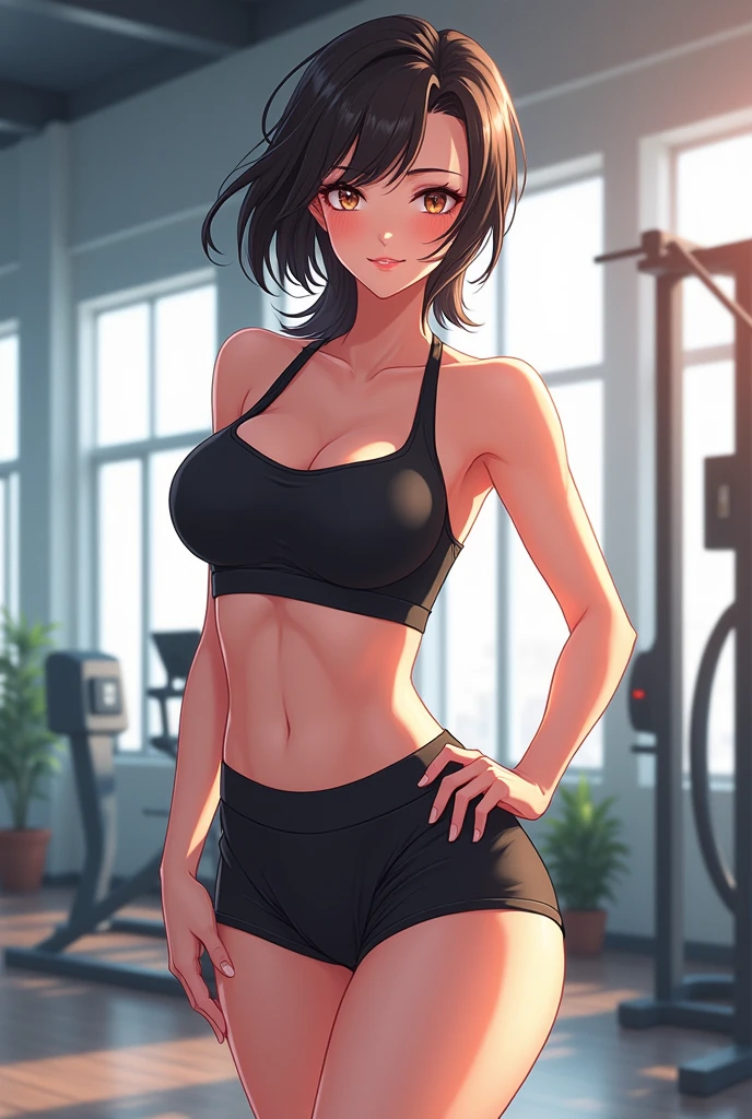 beautiful woman, ((caucasian)), black hair with dyed purple, short hair, yoga pants, sports bra, ((gym)), working out, natural lipstick, brown eyes, buff