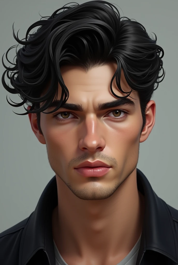 Young white man with black charmer hair without beard 