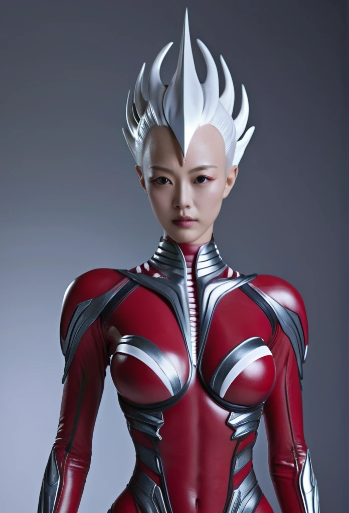 An alien with a crimson body and white lines、Silver Mohawk､Women's Ultra Seven、Sexy pose chest, Multiview, 