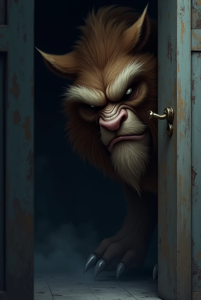 You have the beast from Beauty and the Beast peeking through a door with an evil plan