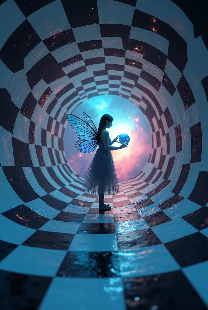 a checkered tunnel with white and black squares with a iridescent rainbow gradient hue, in the background a cosmic setting with vibrant nebulae, a dark ethereal iridescent fairy standing in the tunnel with burning stars for eyes holding a magical crystal ball