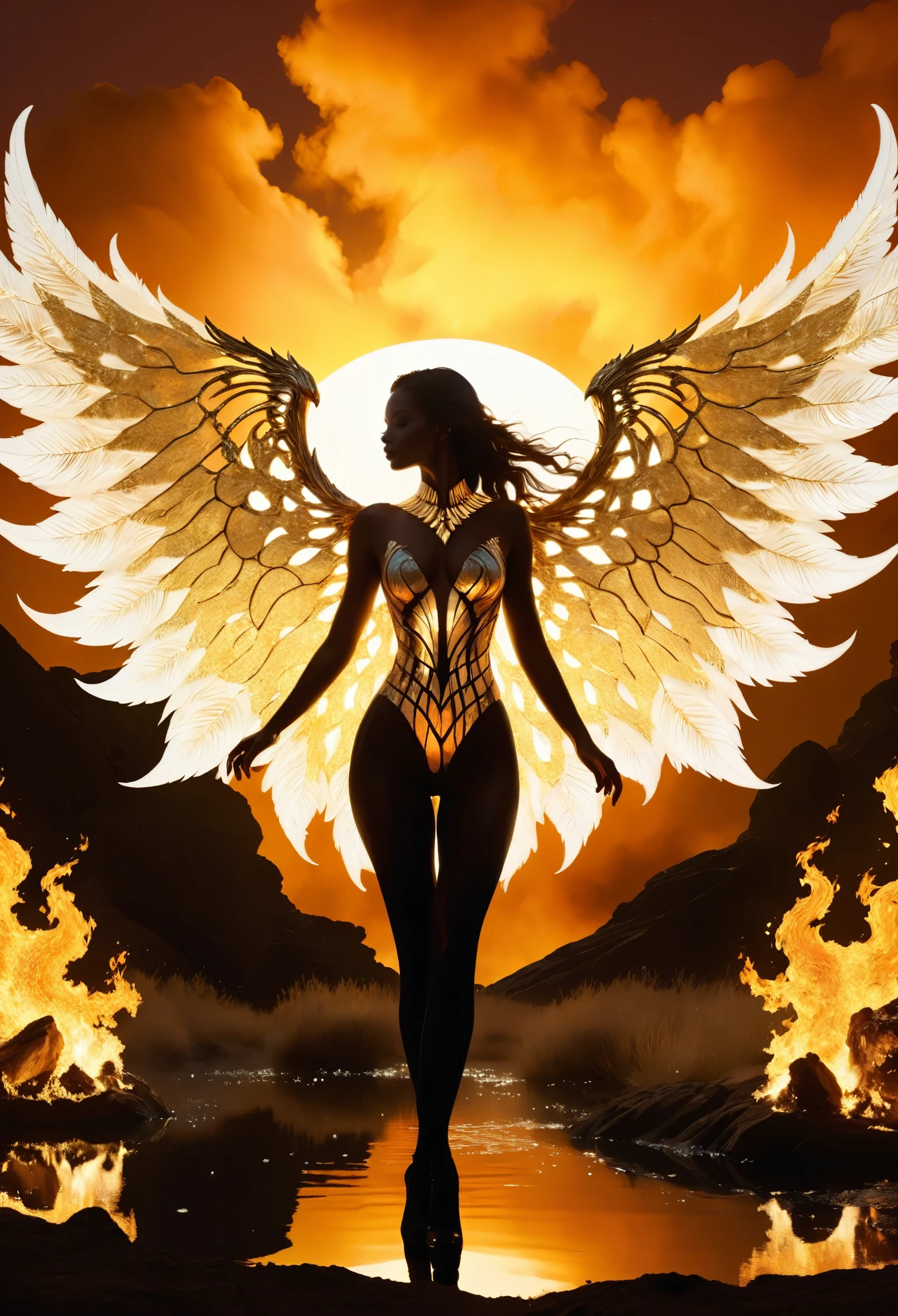 In a garden of fire and crystal, white, stands a breathtakingly beautiful woman. Intricate lattices of molten gold can be seen molded directly into her pearly white skin. This second skin, a blend of grace and brutality, glows with an inner light and reflects the desolate landscape around it. It frames her silhouette in the darkening light. Huge wings of fire, silhouettes, long shadows, beautiful sky, beautiful cape, reflections, black bodysuit,