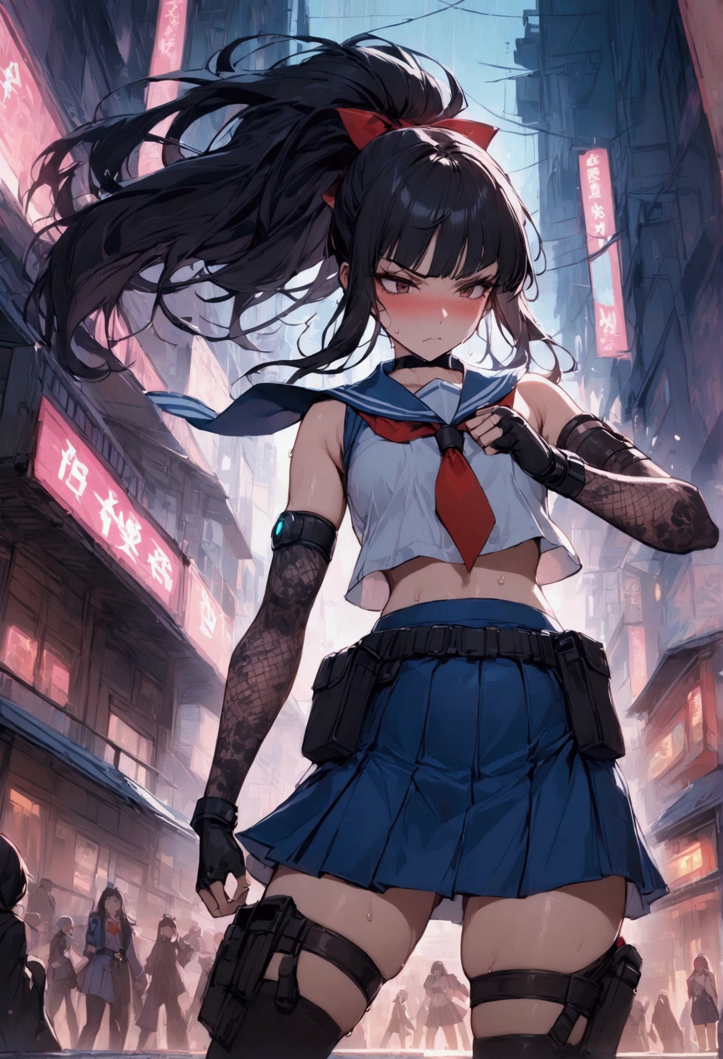 1girl solo, {{action}},Detective Sailor Suit,A little cyberpunk style,sailor-fighter, Dynamic composition,{{fight}},{{masterpiece}}, {{{Highest quality}}},{{Very detailed}},Tucked Out Sailor Uniform,Sleeveless sailor suit with long length　with red tie　,Refurbished Uniforms ,{{long Arm Cover}}　, blue skirt　high socks　holster　,Fight,,{{v-shaped eyebrows}},Bad mood,blush,Sweat,raise one's eyebrows　,Black hair Long hair,Blunt bangs　,black　armlet　,martial arts belt　 , female ninja,　japanese clothes　Lace-patterned arm cover,　,ponytail,　cyberpunk　,Black fingerless gloves,Chinese clothing,school yard