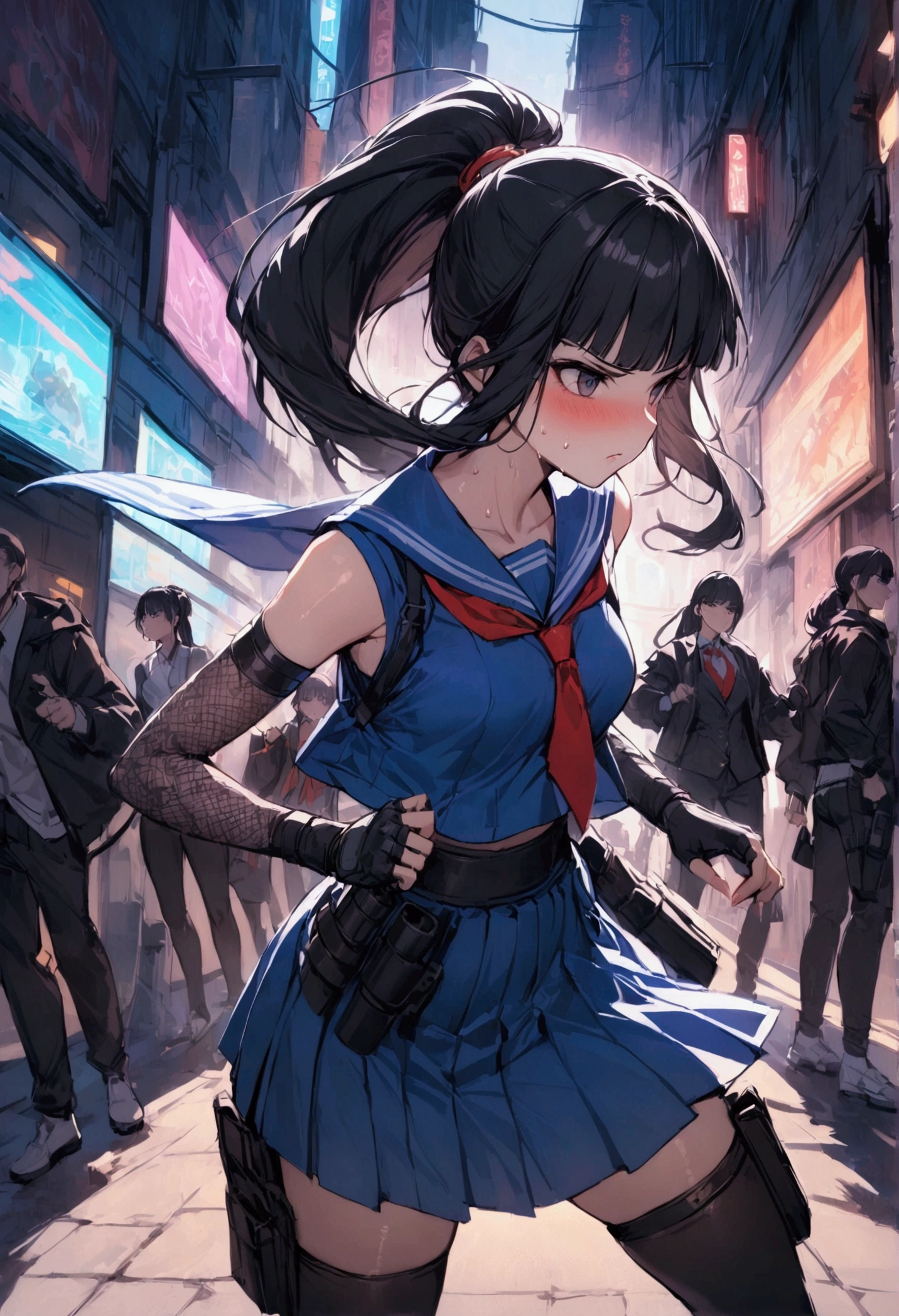 1girl solo, {{action}},Detective Sailor Suit,A little cyberpunk style,sailor-fighter, Dynamic composition,{{fight}},{{masterpiece}}, {{{Highest quality}}},{{Very detailed}},Tucked Out Sailor Uniform,Sleeveless sailor suit with long length　with red tie　,Refurbished Uniforms ,{{long Arm Cover}}　, blue skirt　high socks　holster　,Fight,,{{v-shaped eyebrows}},Bad mood,blush,Sweat,raise one's eyebrows　,Black hair Long hair,Blunt bangs　,black　armlet　,martial arts belt　 , female ninja,　japanese clothes　Lace-patterned arm cover,　,ponytail,　cyberpunk　,Black fingerless gloves,Chinese clothing,school yard