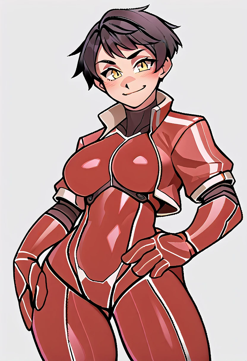 score_5_up, score_6_up, score_7_up,
1girl, bangs, black hair, blush, breasts, closed mouth, cowboy shot, cropped jacket, grey background, hand on hip, bodysuit, jacket, medium breasts, looking at viewer, open clothes, open jacket, red jacket, short hair, simple background, smile, solo, standing, thighs, white background, yellow eyes