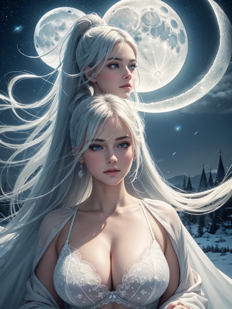 Masterpiece, (Best Quality: 1.2), (Super Fine: 1.2), Illustration, (Extremely Delicate and Beautiful: 1.2), Film Angle, Floating, (Beautiful Detail Eye: 1.1), (Detail Light: 1.1), Film Lights, Delicate Sky, chubby Woman, White Hair, Blue Eyes, (High Ponytail: 1.1), Cloak, Glowing Eyes, (Moon: 1.2), (Moonlight: 1.1), Starry Sky, (Light Particles: 1.1), Fog , snow painting, sketching, blooming,big brest cleavage open bra ,