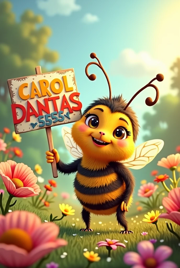 generate an image of a cute bee holding a sign with the number and name "Carol Dantas" and number
"55555" para usar de header