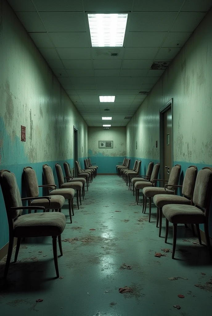 A rather poor hospital with chairs and no people inside