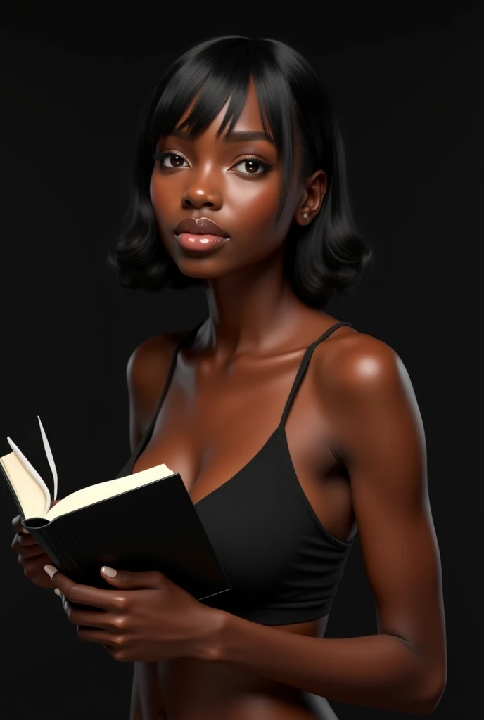 Beautiful black girl, student, holding book and pen, seductive, pose, cute,  low haircut, sexy pose, realistic, high esolution, detailed, black background 