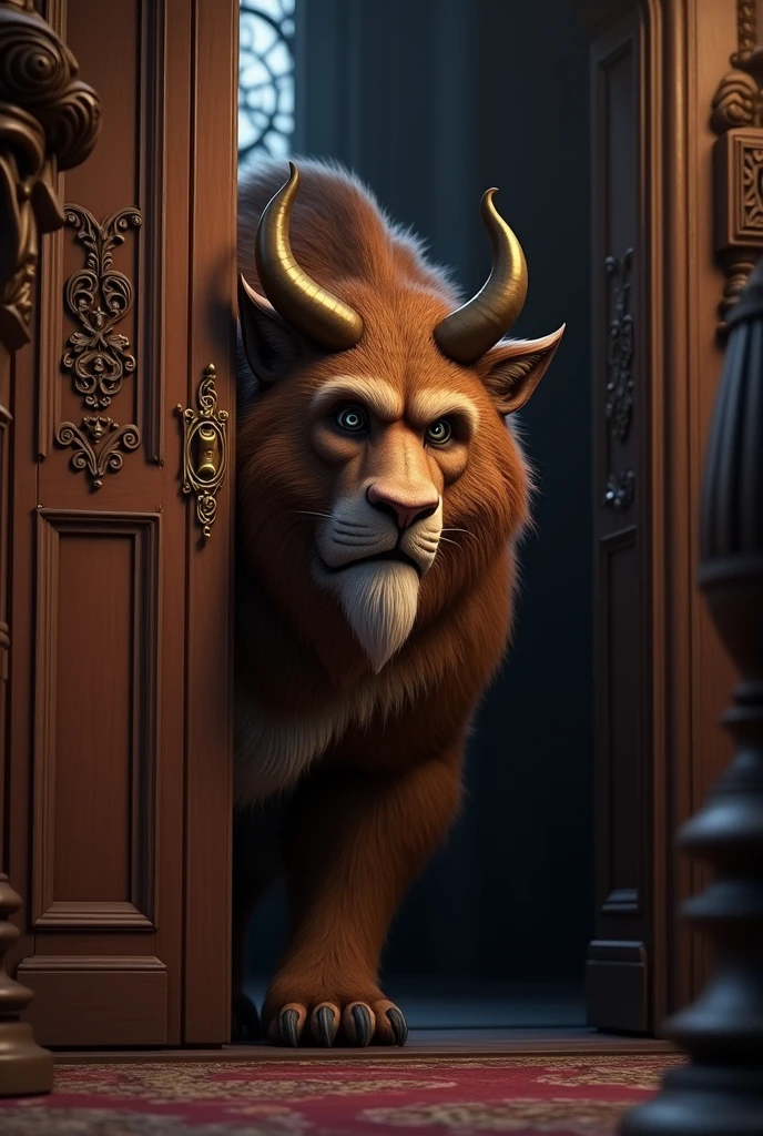 Have the beast from Beauty and the Beast peeking through a door