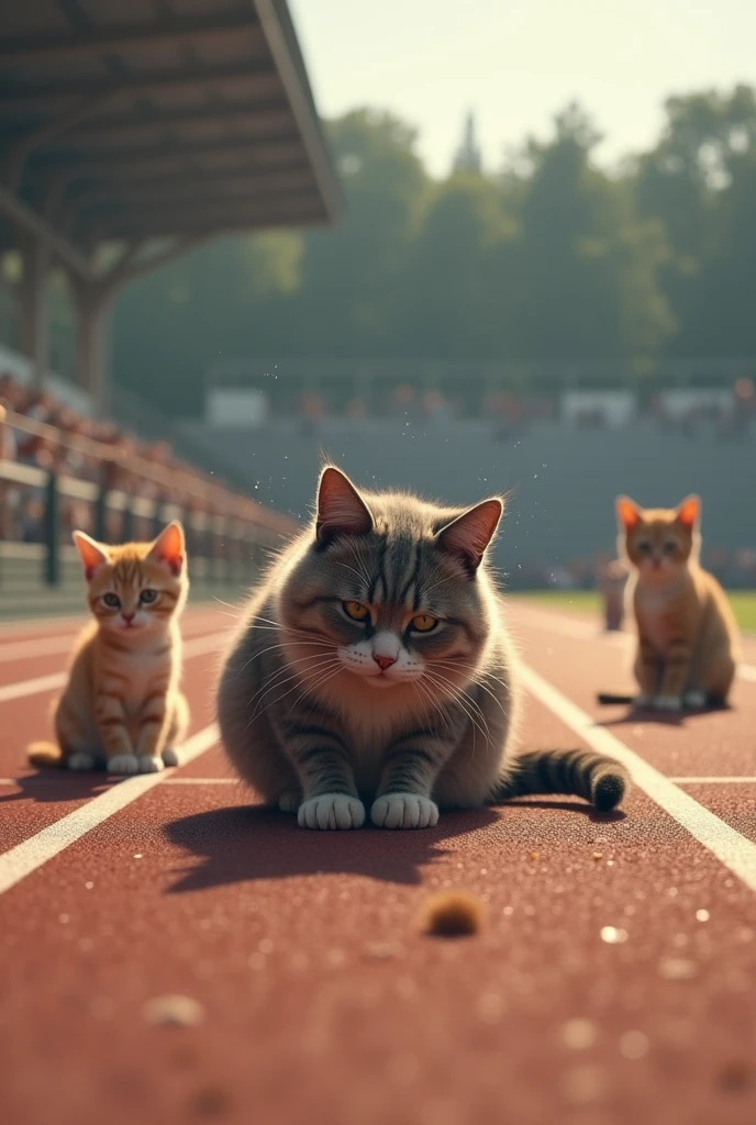 An exhausted running cat, sad, getting up from the ground on an athletics track, dust,, cats around looking at the stands 3d, 8k, ultrarealistic