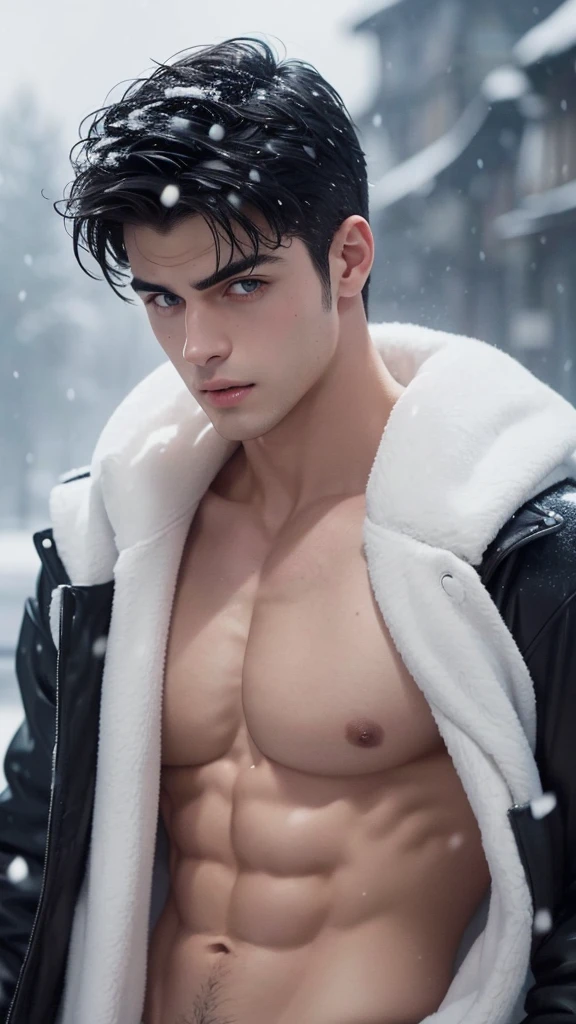 a handsome muscular young man, solo, (face: Matthew Daddario), extremely detailed facial features, perfect eyes, sexy gaze, perfect lips, gorgeous, beautiful, wet, perfect body, smooth skin, short hair, wearing a brief that accentuate his toned physique, (bulge: 1.2), on a snowy mountains, snowfall, looking at the viewers romantically, a hot glow in his skin, moaning with pleasure, in an open furry winter coat, shirtless, 