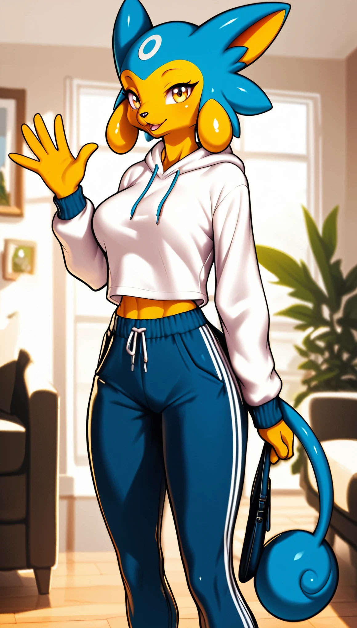 ((best quality)) Solo, hi_res, score_9,score_8_up,score_7_up, score_6_up, score_5_up, score_4_up, source_furry, Antro Pokemon female Pancham, beautiful medium haircut, fur, white iris, standing in the living room, Wearing sweatshirt and navy blue joggers pants, full outfit clothes waving, full outfit, DD cup size breasts, thighs, ((Safe content)) , ((high quality)), Safe content