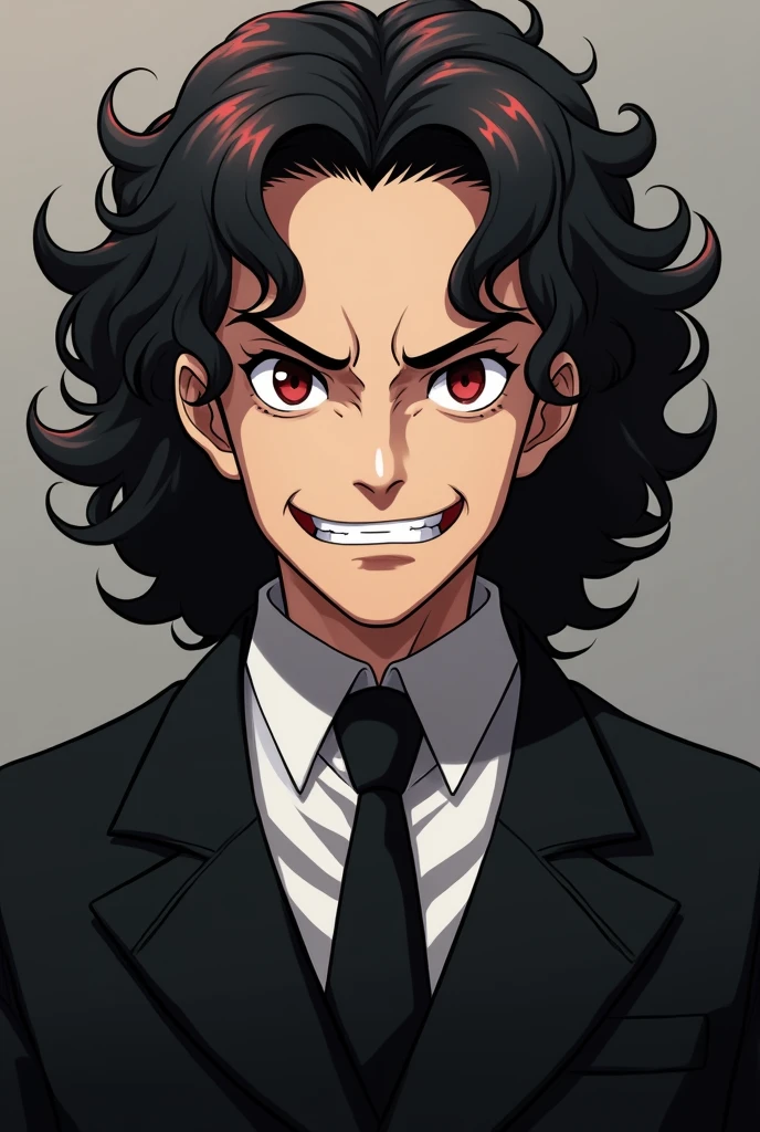 Anime man over 40 years old, curly hair, black color with dark red highlights, Red eyes, a big cynical smile, black suit.