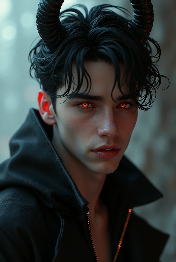 sehr young, Sexy male vampire, young, 19 years, Man with demon horns, black hair and red eyes, sehr young, smile, smile, vampire teeth