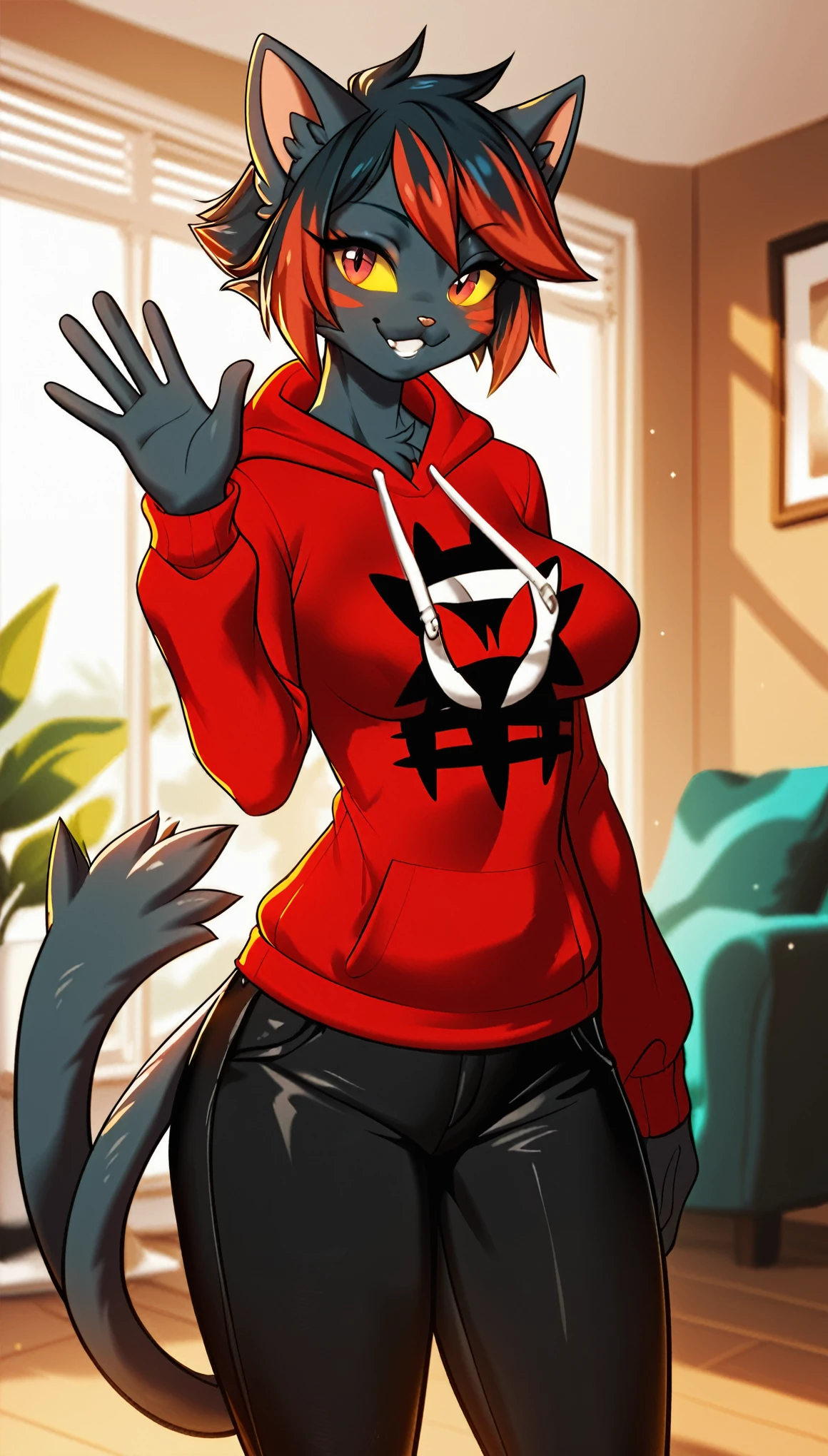 ((best quality)) Solo, hi_res, score_9,score_8_up,score_7_up, score_6_up, score_5_up, score_4_up, source_furry, Antro Pokemon furry female Litten, beautiful short haircut, fur all over body, fur, yellow sclera and red iris, standing in the living room, Wearing rebelious red hoodie and black joggers pants, full outfit clothes waving, full outfit, DD cup size breasts, slightly thick thighs, ((Safe content)) , ((high quality)), Safe content