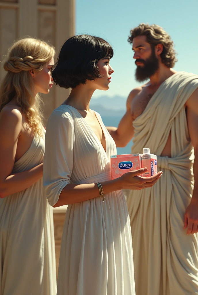 Saphos from Lesbos is in the back wearing a white dress and short dark hair and holding Durex products in her hands. Additional, Aphrodite in white dress and blonde hair, He is talking to Zeus