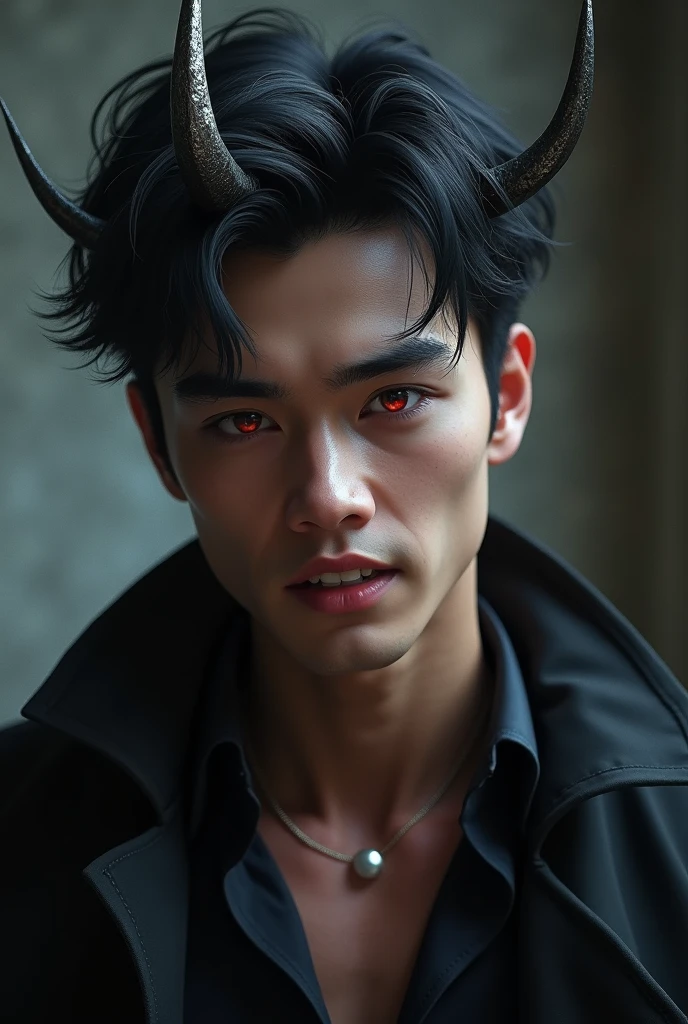 sehr young, Sexy male vampire, young, 19 years, Man with demon horns, black hair and red eyes, sehr young, smile, smile, vampire teeth