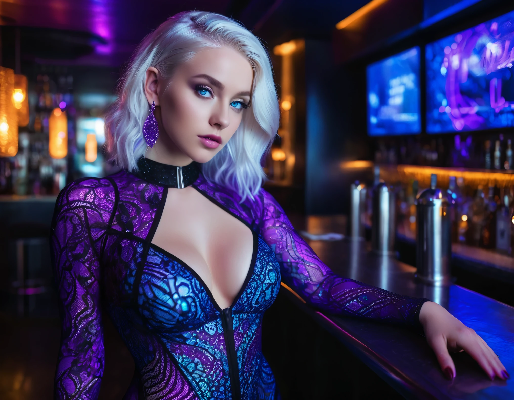 A beautiful young woman with thick white hair and piercing blue eyes stands at a sleek, futuristic bar, the room dimly lit with neon purple accents. She’s dressed in a sheer lace bodysuit with metallic details, her curves accentuated by the soft lighting. The photo is taken from a side angle, capturing her as she leans over the bar, her cleavage highlighted, her expression sultry and inviting.