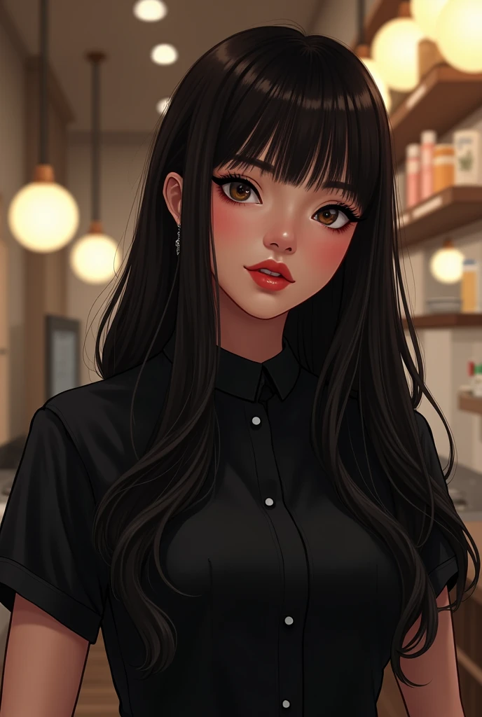 A girl height 1.53 long straight hair with bangs on the forehead, very black color, round face, slightly large and very black eyes, slightly thick lips, flat nose, wearing a manicurist uniform in a salon, dressed in black, passionate red lips and mixed skin