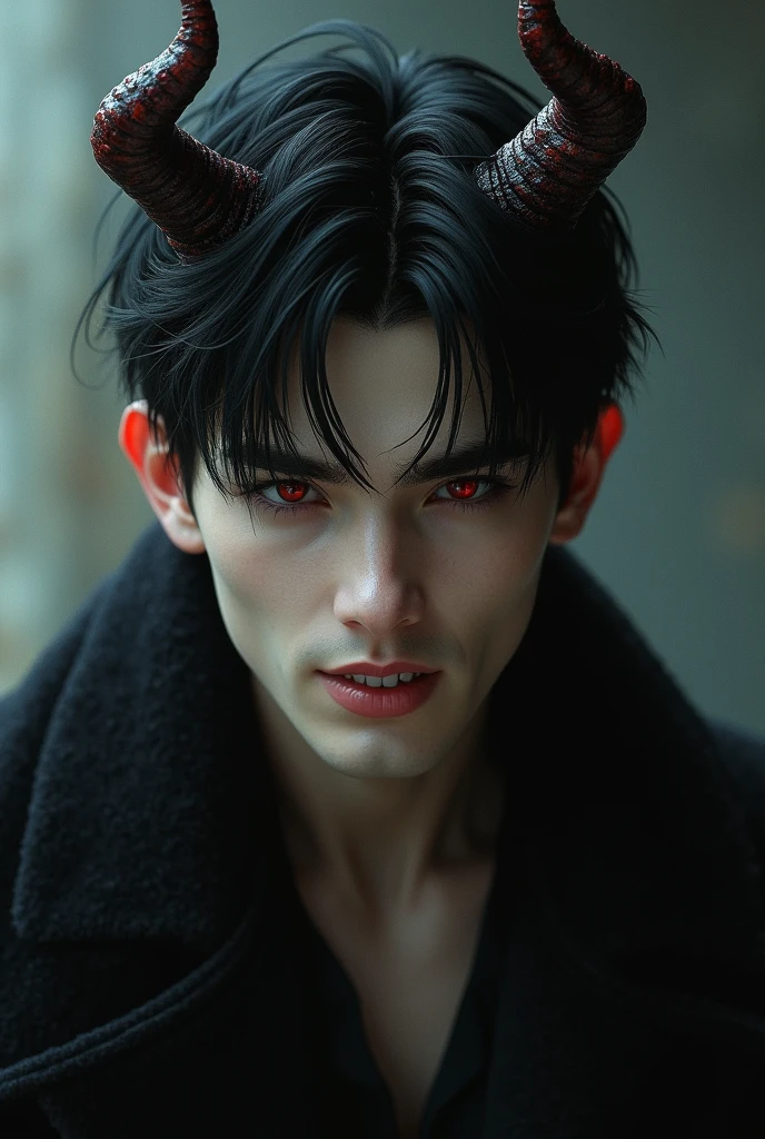 sehr young, Sexy male vampire, young, 19 years, Man with demon horns, black hair and red eyes, sehr young, smile, smile, vampire teeth