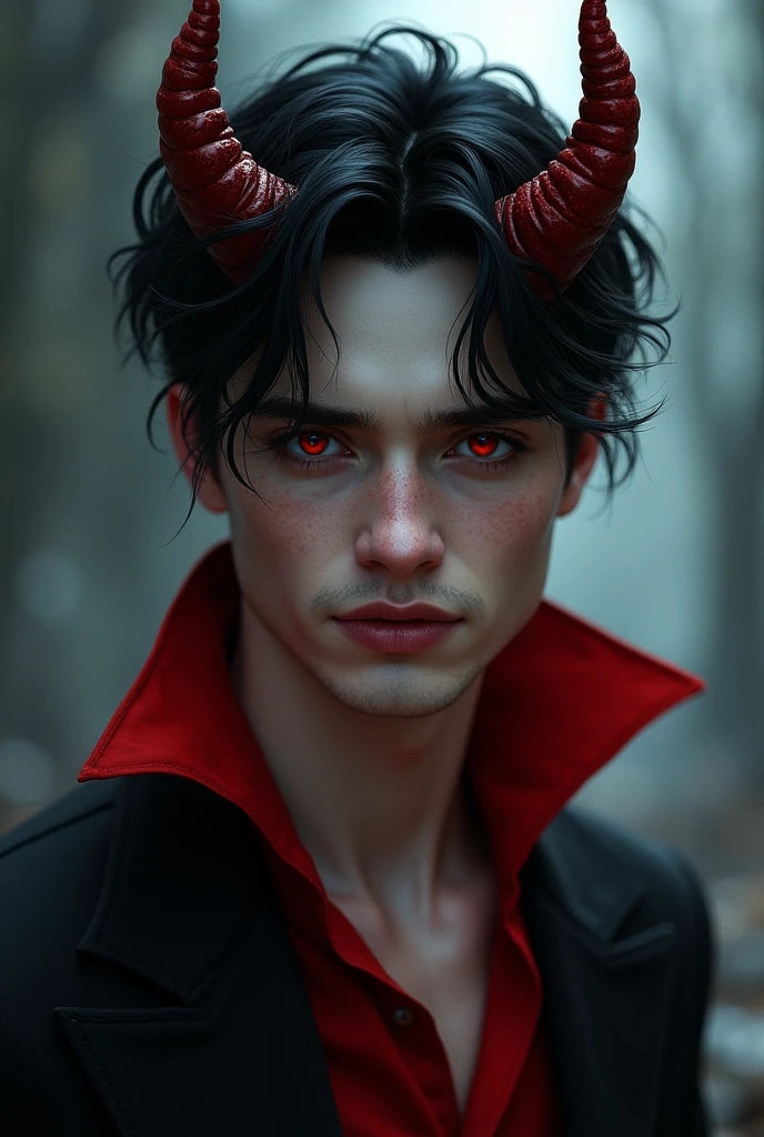 sehr young, Sexy male vampire, young, 19 years, Man with demon horns, black hair and red eyes, sehr young, smile, smile, vampire teeth