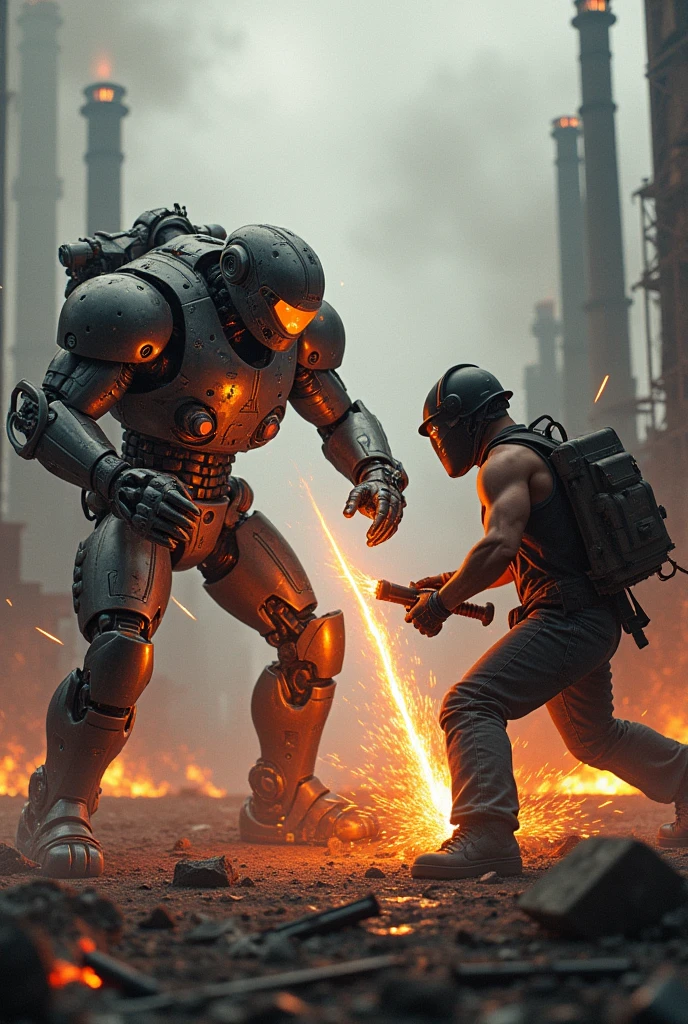 War battle between cyborg welder.