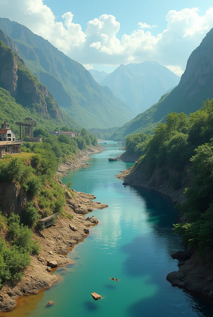A river contaminated with mining tailings next to a clean river