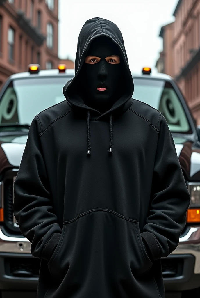 Cartel member wearing three hole balaclava infront of a ford excursion