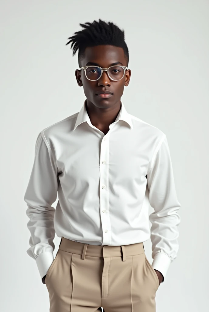 best qualityer:1.4), (ultra high resolution:1.2), (photorrealistic:1.6), (8k, CRU photo:1.2), a 20 year old dark skinned young man. Haircut with shaved sides and low top. He is wearing a white long-sleeved, high-neck shirt.. beige social pants. transparent eyeglasses. Camera focuses on the face. Standing in a photo studio with a white background. he is Brazilian
