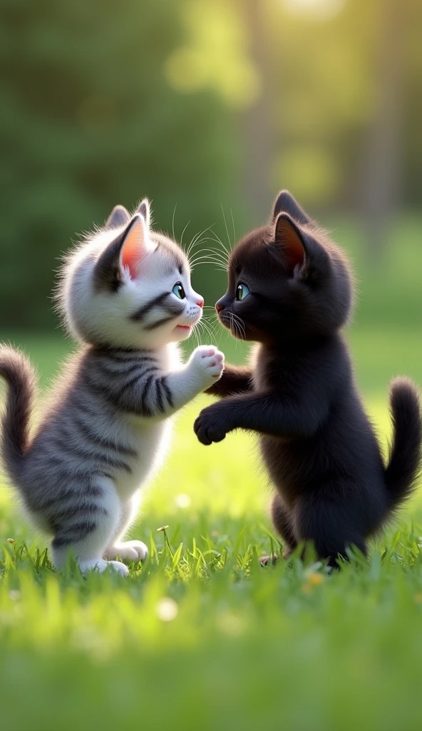 Two small kittens, Milo (gray and white) and Luna (black with white paws), staring at each other with arched backs and fluffed tails in a grassy yard.