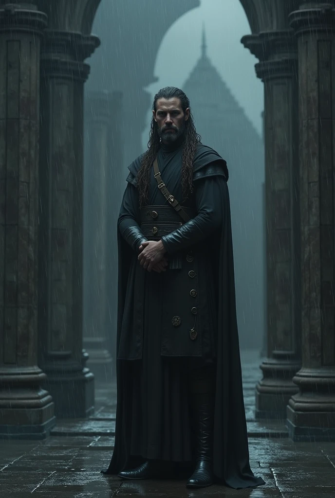  "Create a dark, moody scene featuring the mage Advenne Chamouth, inspired by the likeness of Christian Bale, in a Dungeons and Dragons style. Advenne stands solemnly in front of the tomb of his daughter, Adina Chamouth. The atmosphere is somber, with rain pouring down, and the surroundings are shadowy, reflecting the weight of grief and loss. The setting is detailed with ancient stonework, and the overall tone is one of deep melancholy."