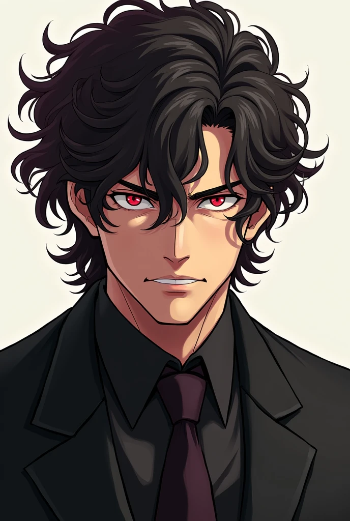 Anime man over 40 years old, curly hair, black color with dark red highlights, Red eyes, a cynical smile, black suit.