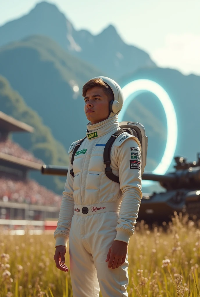 awardwinning (whole body:0.8) (Portrait photo:1.3) of a young Formula 1 driver (Science fiction astronaut:1.3) with an (army tank:1.4), (Stargate:1.4), olhando para um publico na grandstand, (mountainscape:1.2) (Tall Grass:1.4), Speedway, grandstand, Nurbugreen, trends on ArtStation, highy detailed, fine-details, intrikate, (Lens flare:0.6), (backlight:0.8), (blossom:0.8), Shallow depth of field