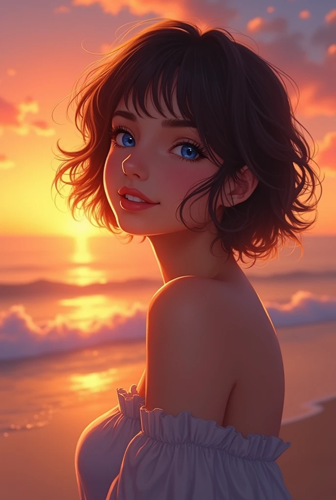 23 year old girl. with short brown hair and bangs. light blue eyes. tall and slender..tanned.
bare shoulder
happy
discount
sunset,