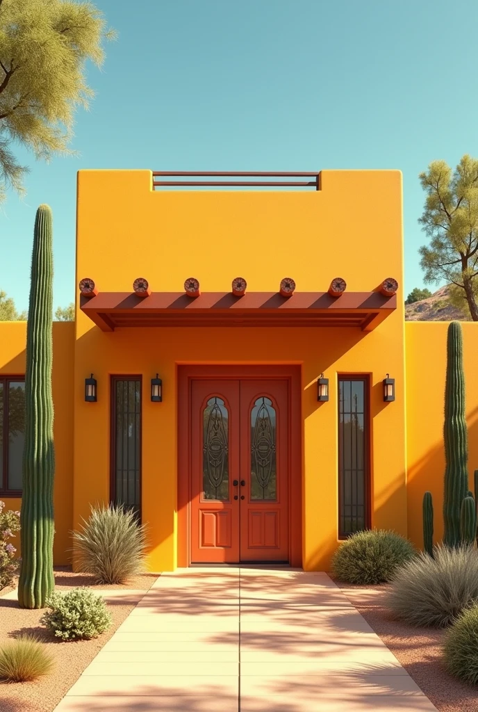 House with a small, wide orange-yellow facade with two long windows at each end, complete with two long cacti and a roof with a security gate at the entrance.