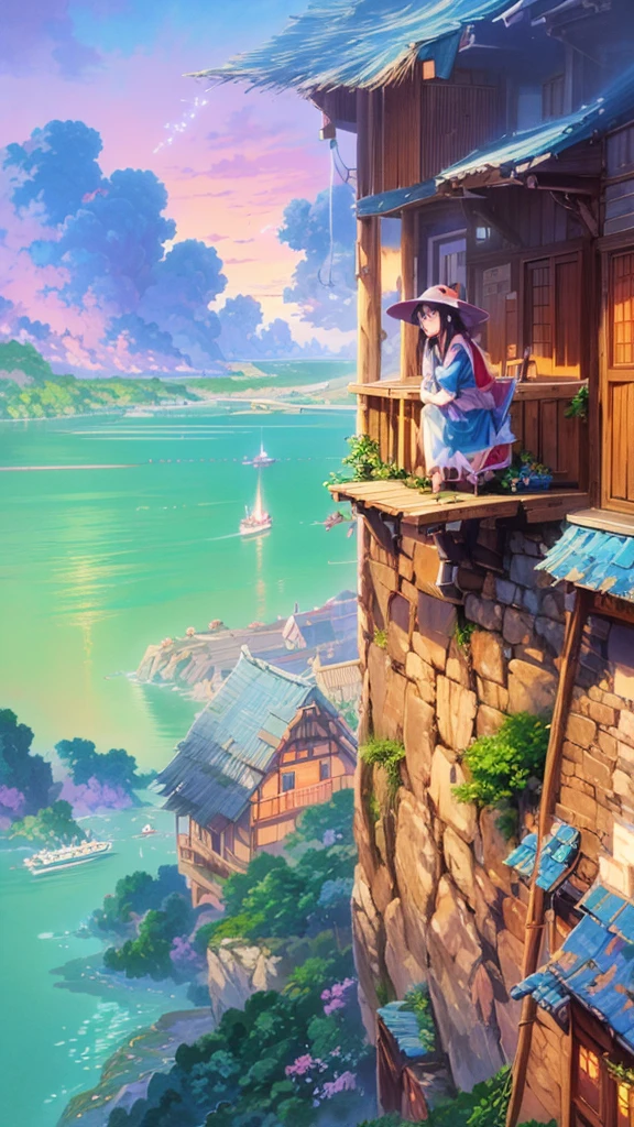 anime scenery of a woman sitting on a balcony overlooking a lake, by Miyazaki, makoto shinkai cyril rolando, incredible miyazaki, miyazaki's animated film, studio ghibli artstyle, beautiful anime scene, miyazaki film, style of hayao miyazaki, inspired by Miyazaki, miyazaki movie, ghibli artstyle