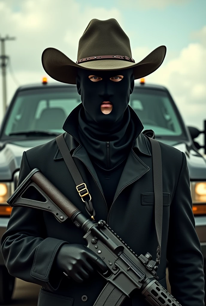 Cartel member wearing three hole balaclava and cowboy hat infront of a ford excursion