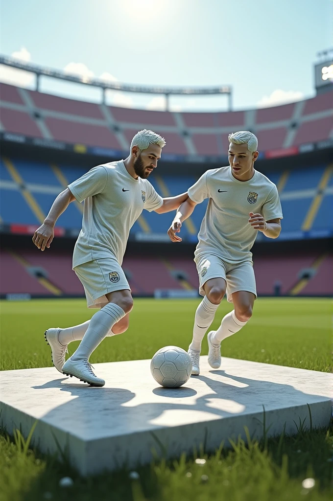 Messi playing with Cristiano Ronaldo but they are marble statues and they are in Camp Nou