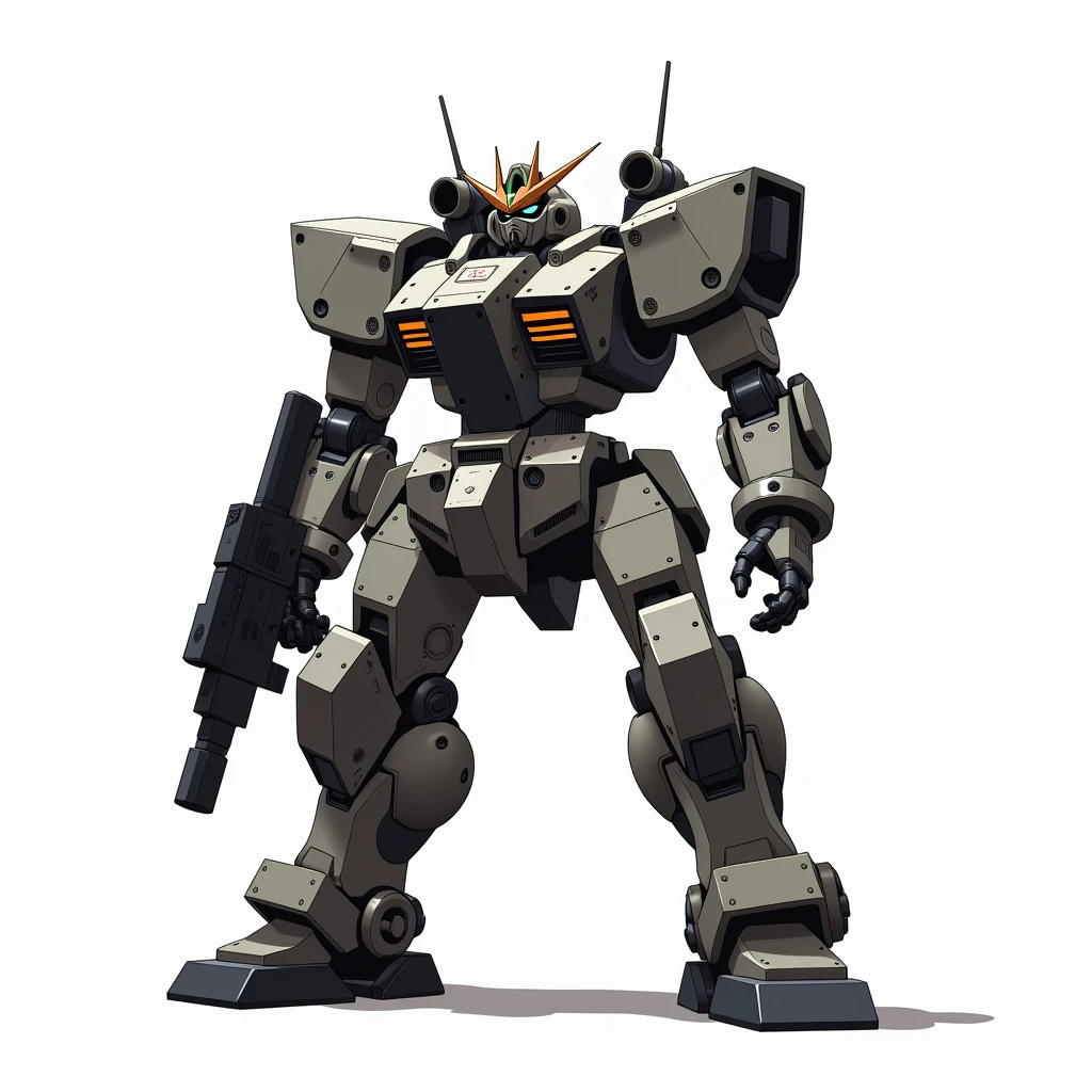 Anime Gundam artstyle,A mech with two legs and outfitted with huge square gladiator type of shields and mini guns on its shoulders, full body, simple_background, white_background, reggie steel, metallic, black sand, laser sight, owtech, sci-fi, stylized, ghibli, flat monochrome drawing, light and shadow realistic, cyberpunk, futuristic, digital art, best quality, graphic animation, sfw, starsector, sci-fi style, high-tech product, sci-fi, fantasy, very detailed detail, digital painting, Trends on artstation, concept art, sharp focus, illustration,