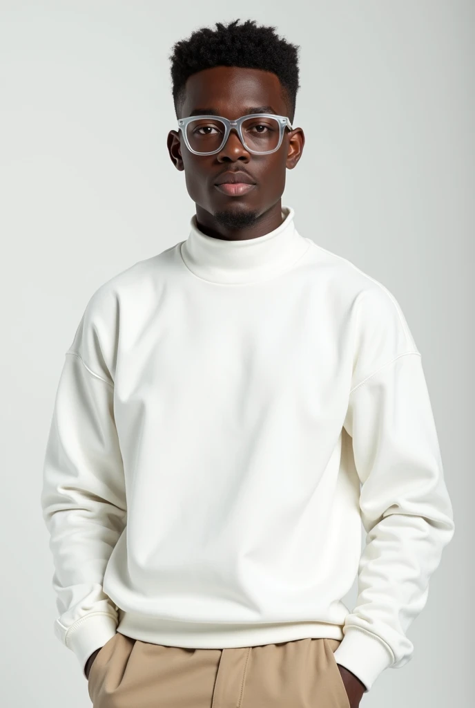 best qualityer:1.4), (ultra high resolution:1.2), (photorrealistic:1.6), (8k, CRU photo:1.2), a 20 year old dark skinned young man. Haircut with shaved sides and low top. He is wearing a white long-sleeved, high-neck sweatshirt.. beige social pants. transparent eyeglasses. Camera focuses on the face. Standing in a photo studio with a white background. he is Brazilian