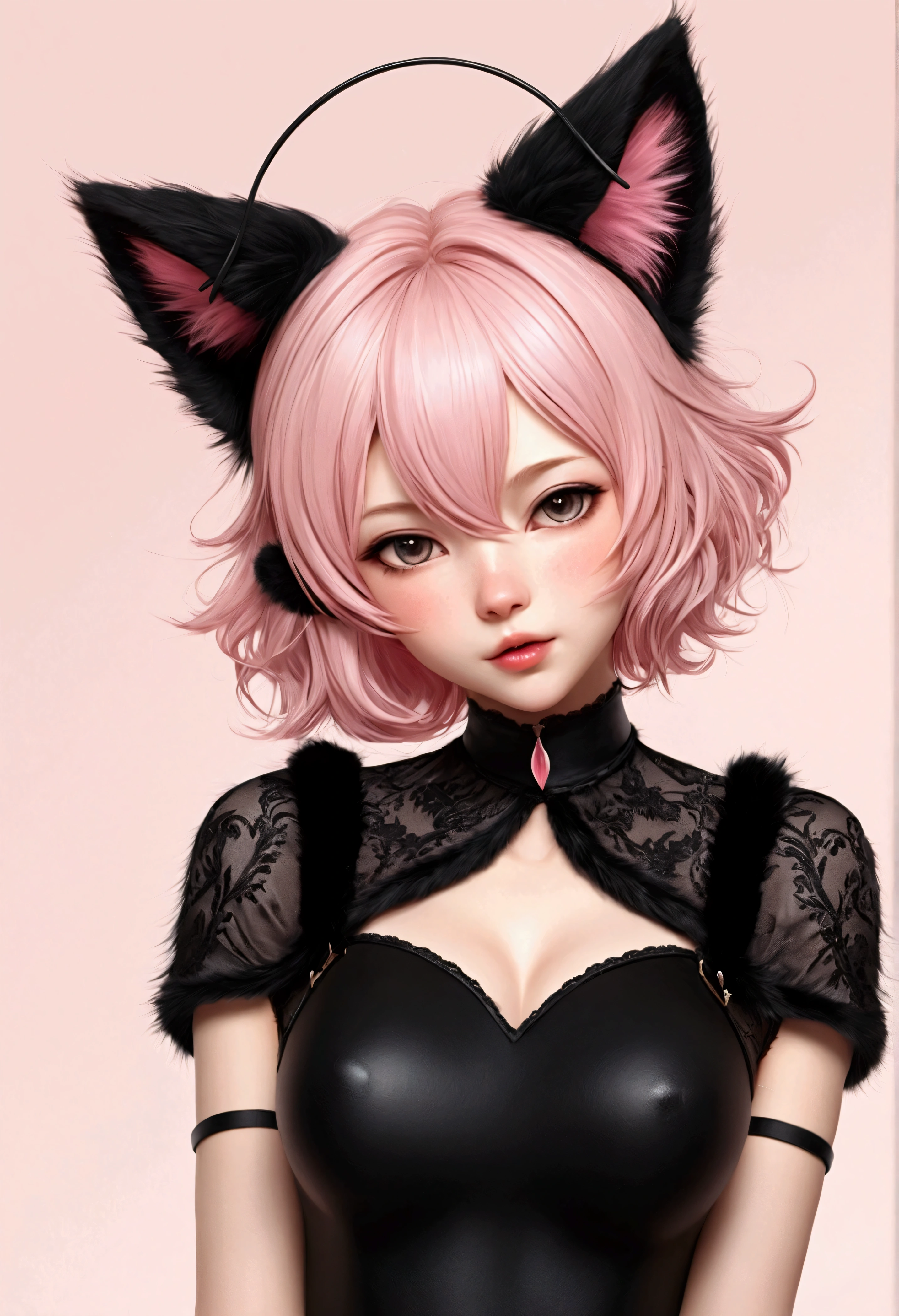 (best illustration, masterpiece) high resolution, close-up, soft skin,, [(cat ears, black fur, pink inside:1.2), (kiss, romantic, intimate):1.3]