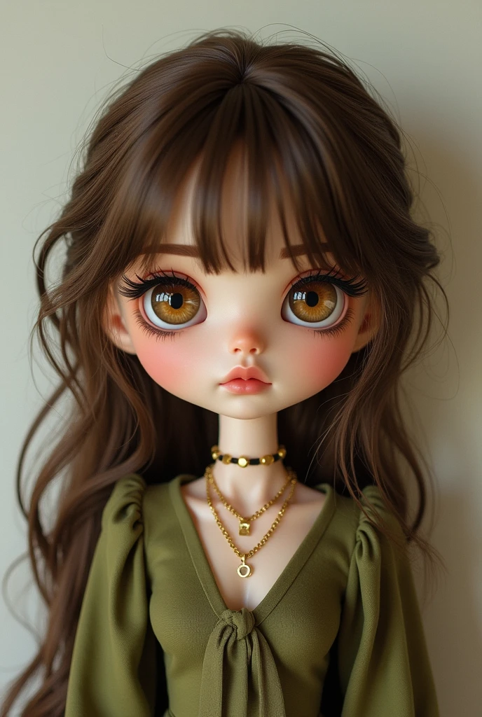 Blythe doll with brown eyes, loose wavy brown hair, long curtain bangs, olive green top, gold jewelry, long eyelashes, and thick eyebrows.