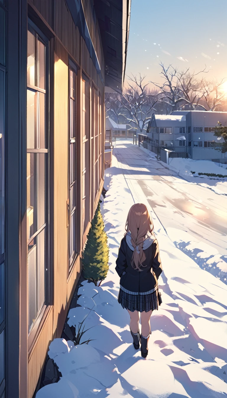 One Woman、beautiful girl、after school、evening、high school girl、School、Back of the school building、winter、Keyaki Tree々、Snow all over、it's snowing、Snowfall、Blazer Uniform、Pleated skirt、Duffle coat、Scarf、Black knee-high socks、Long Hair、Scarfを着用する、Highest quality、Ultra HD、 Black Pantyhose、Thick thighs、Big Ass、Black Hair、Black panties、White Breath、Smile and take my hand