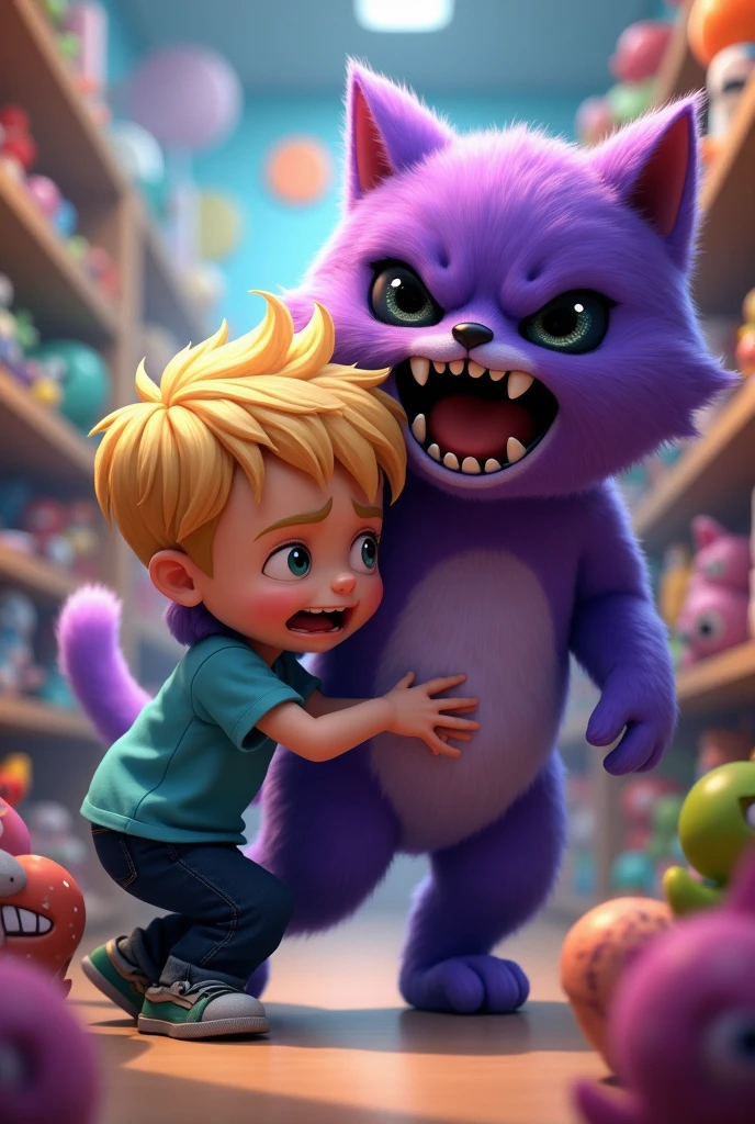 Generate me an image I am a blond boy with semi-green semi-golden eyes with a light blue shirt and black pants.
And cap nap a purple stuffed cat with a black-eyed evil grin and a black smile is attacking me inside a toy store