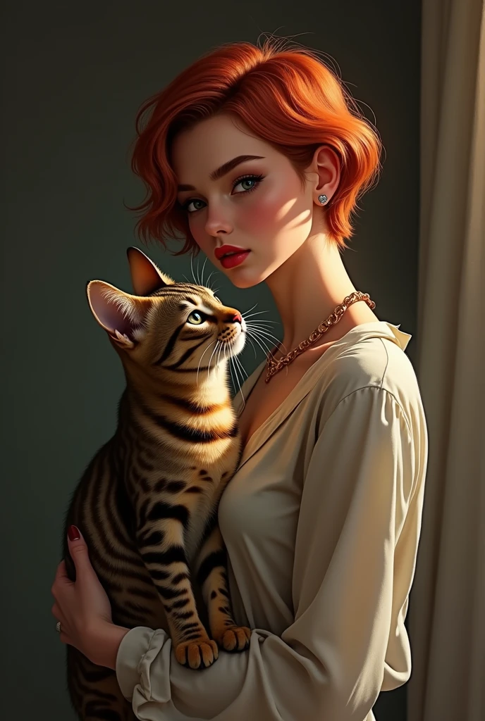 Brunette girl with short red hair and red lips, Oval face, body build of 75 kilos, not skinny, black-eyed, with his Bengal tabby cat, staring at each other 
