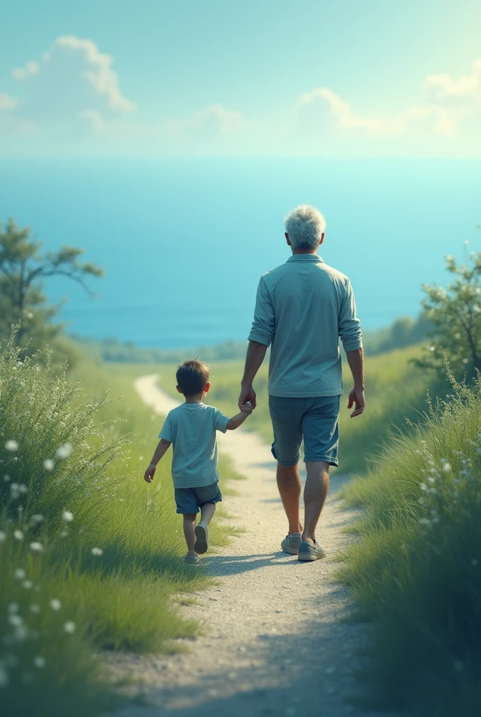 feature a father and child holding hands, walking down a path that fades into a soft, calming blue horizon. The path could symbolize the journey of life and the bond between father and child, while the blue horizon might represent tranquility, wisdom, or the calmness that a father’s presence brings.