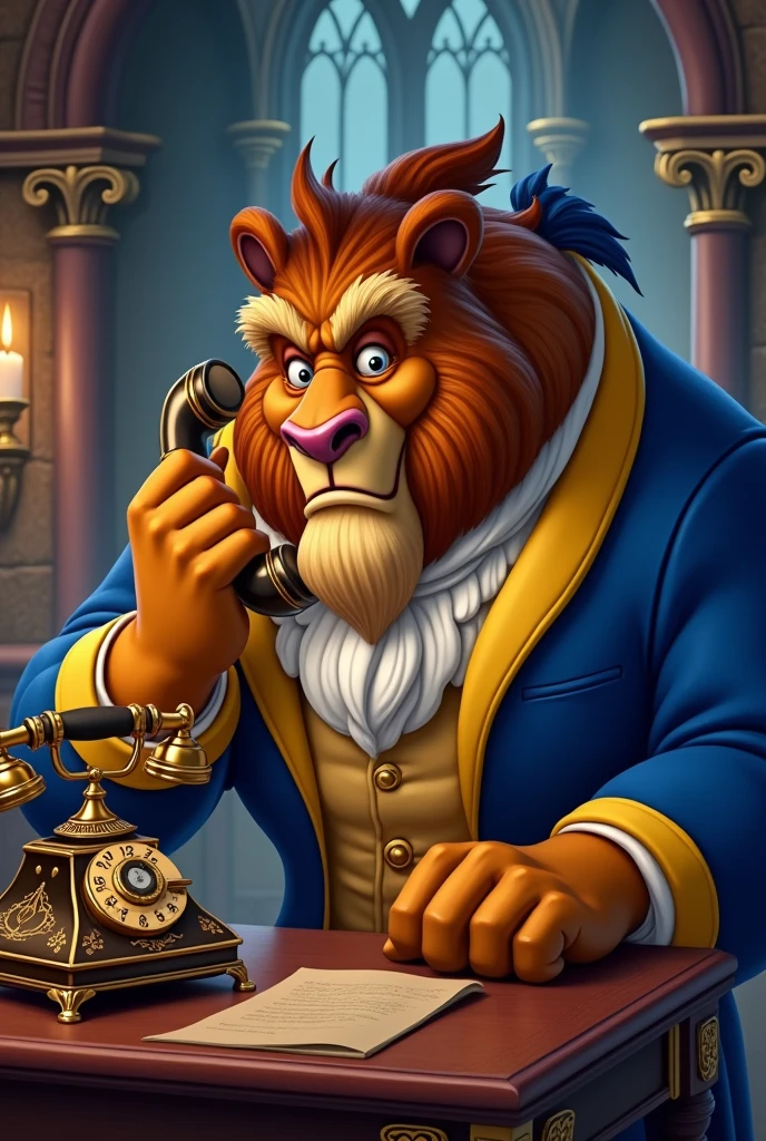 Make the beast from Beauty and the Beast Disney style talking on the phone 